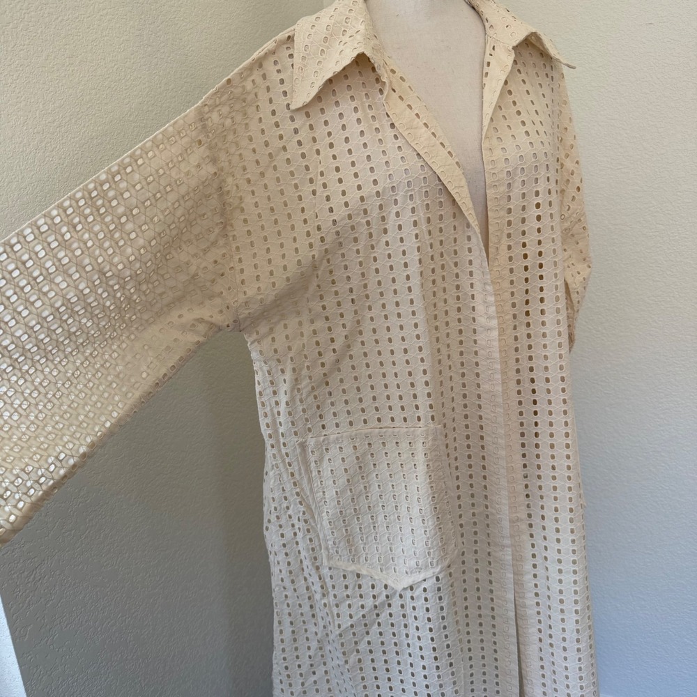 Anthropologie Eyelet Duster Cardigan Womens OS Beige Cotton Longline Open Front - Picture 2 of 7